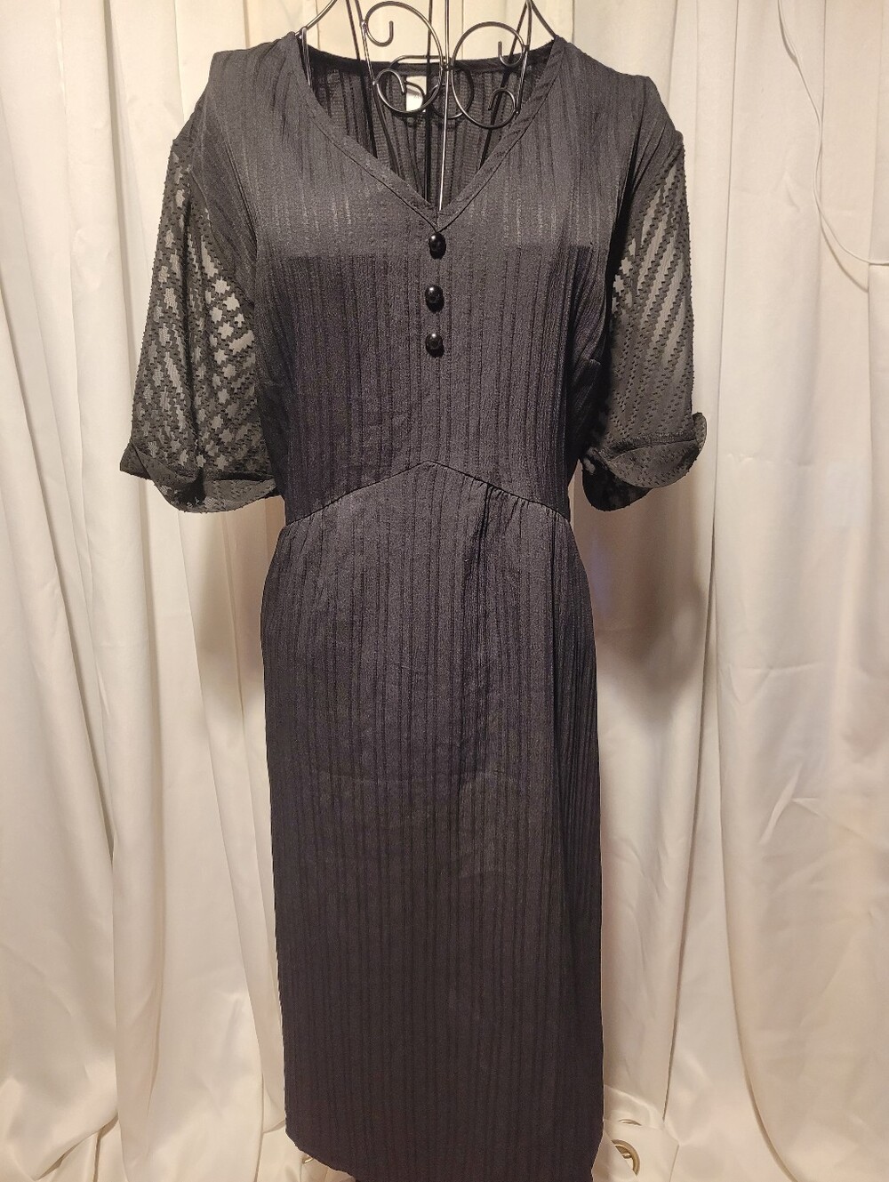 Amazon Black V-Neck Midi Dress with Button Placket
